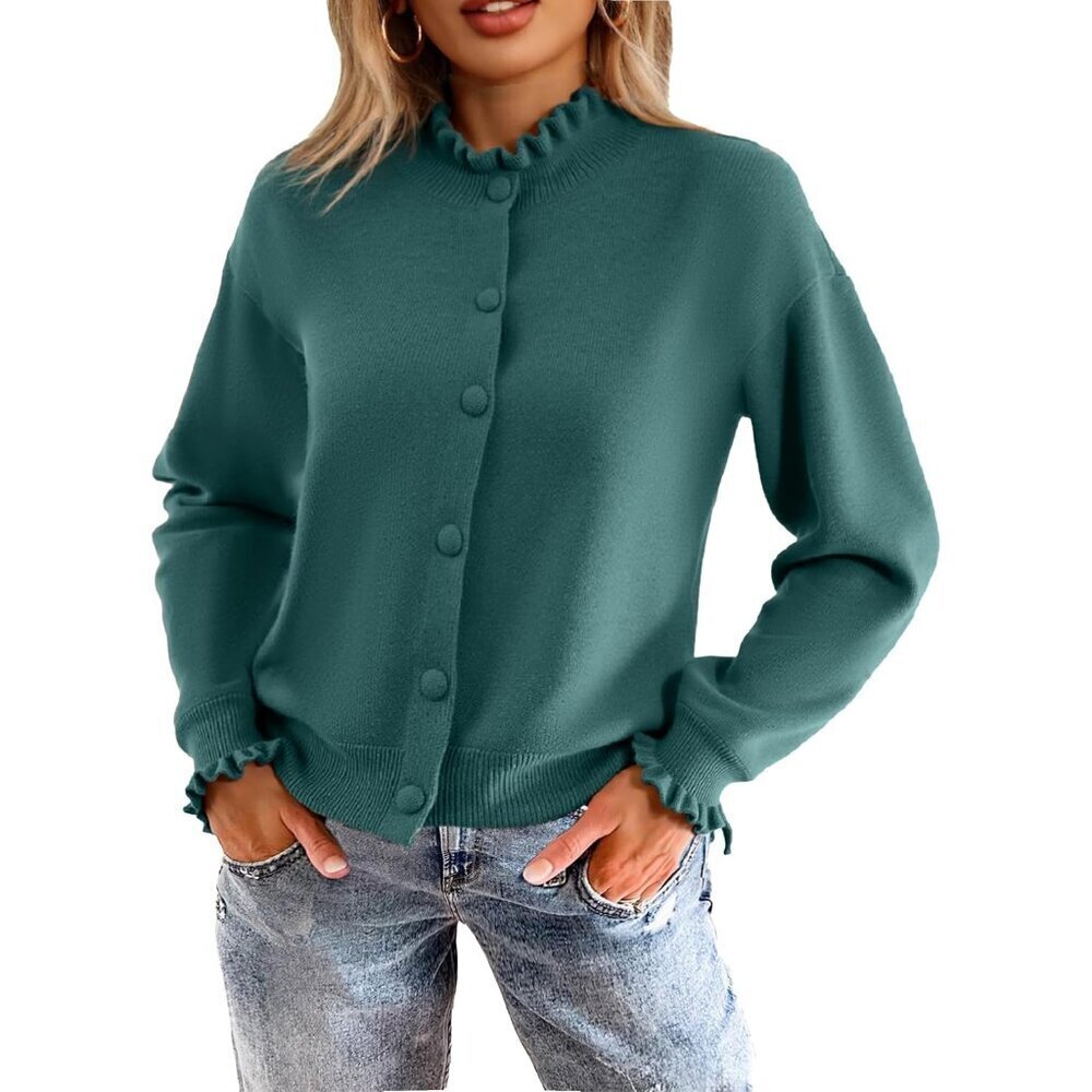 Knit Fall Cardigan Sweater Womens Button Long Sleeve Ruffle Mock Neck